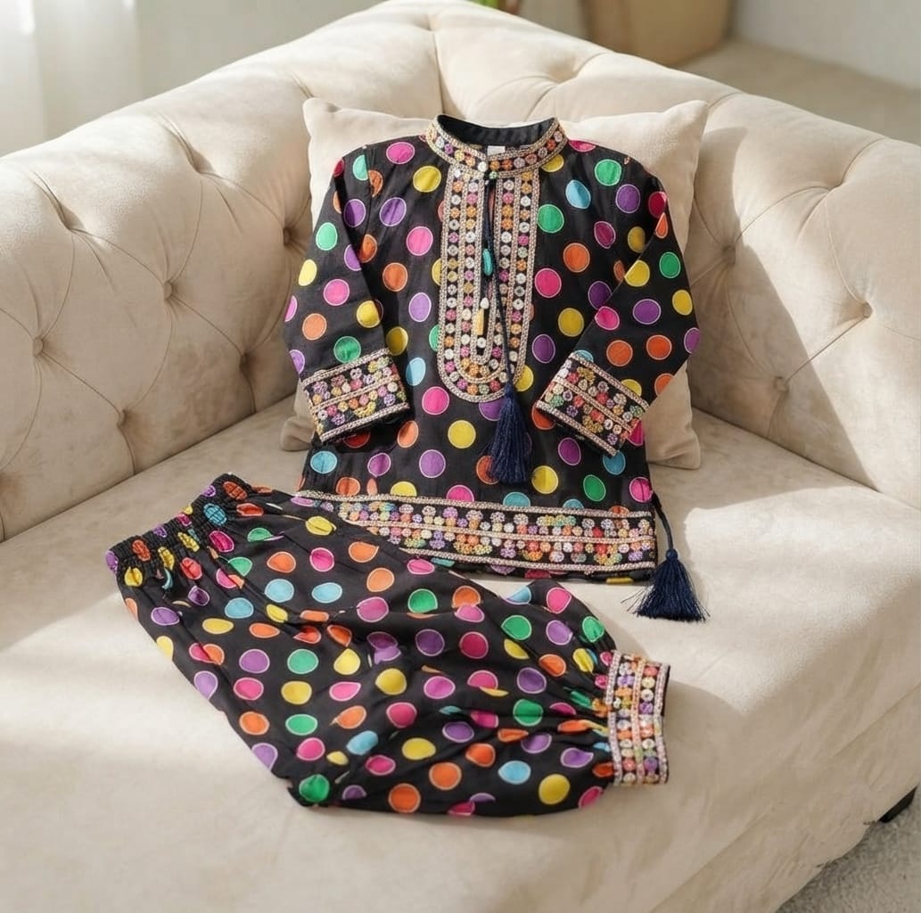 Stunning Multicolor Geometric Print Kurta & Shalwar Set for Girls - Festive & Casual Wear