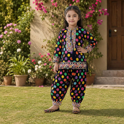 Stunning Multicolor Geometric Print Kurta & Shalwar Set for Girls - Festive & Casual Wear