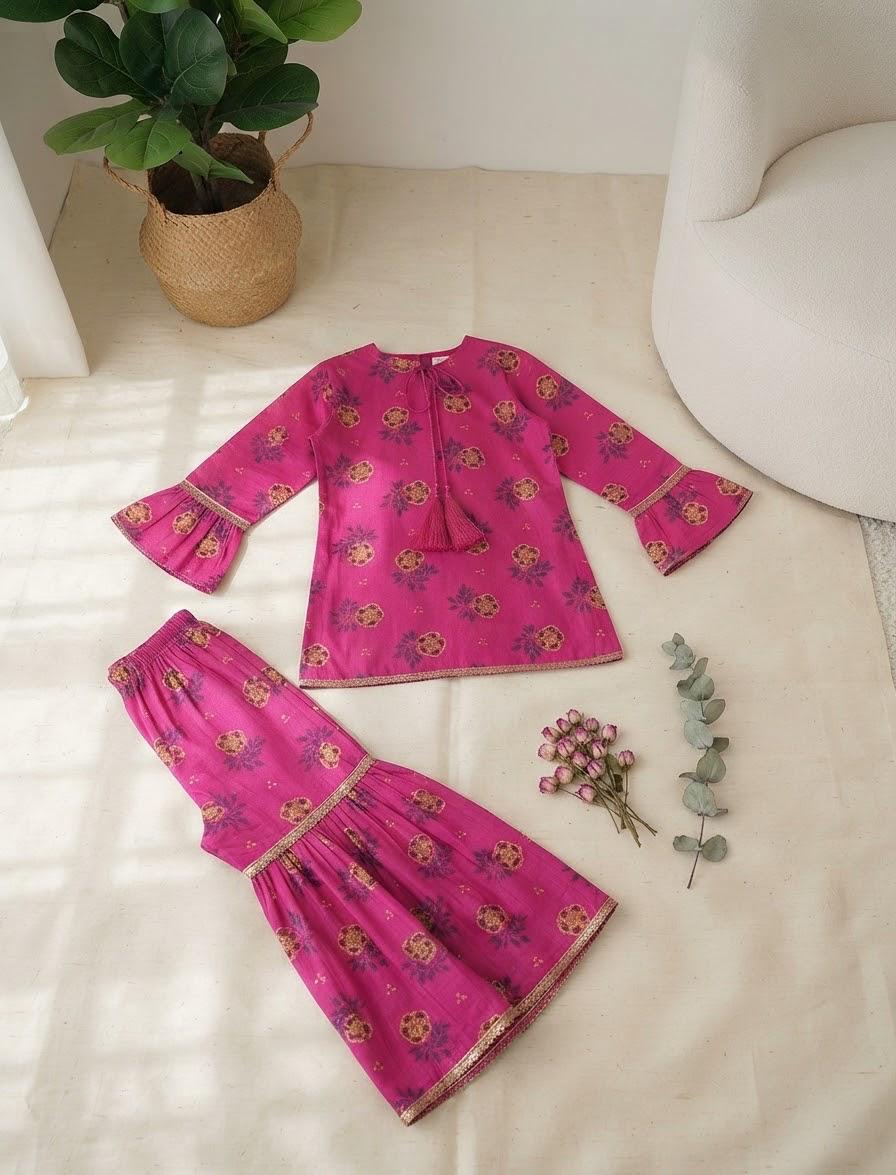 Girls Sky Blue Khaddar Dress with Tassels and Printed Trouser | SH Kids Sphere