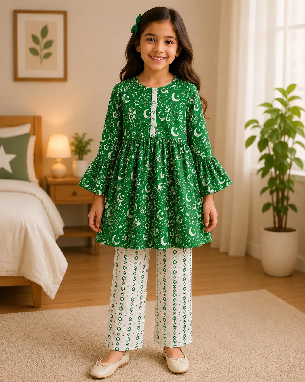 Pakistan Independence Collection – Premium Girls Green Printed Kurta Trouser Set | Soft Cotton | 2-Piece Eastern Wear