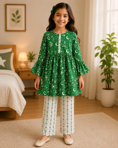 Pakistan Independence Collection – Premium Girls Green Printed Kurta Trouser Set | Soft Cotton | 2-Piece Eastern Wear