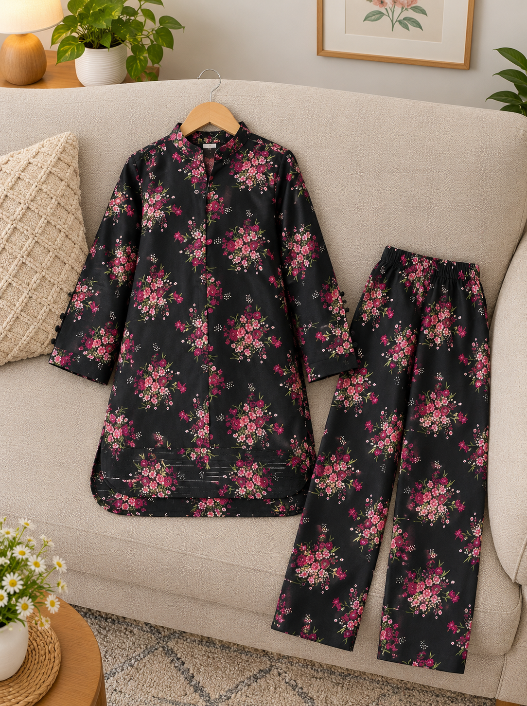 Girls’ Printed Khaddar 2-Piece Suit with Long Back Tail | Stylish Floral Shirt & Trouser Set