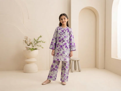 Girls’ Printed Khaddar 2-Piece Suit with Long Back Tail | Stylish Floral Shirt & Trouser Set