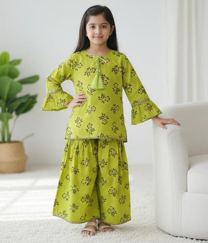 Girls Sky Blue Khaddar Dress with Tassels and Printed Trouser | SH Kids Sphere