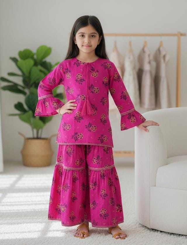 Girls Sky Blue Khaddar Dress with Tassels and Printed Trouser | SH Kids Sphere