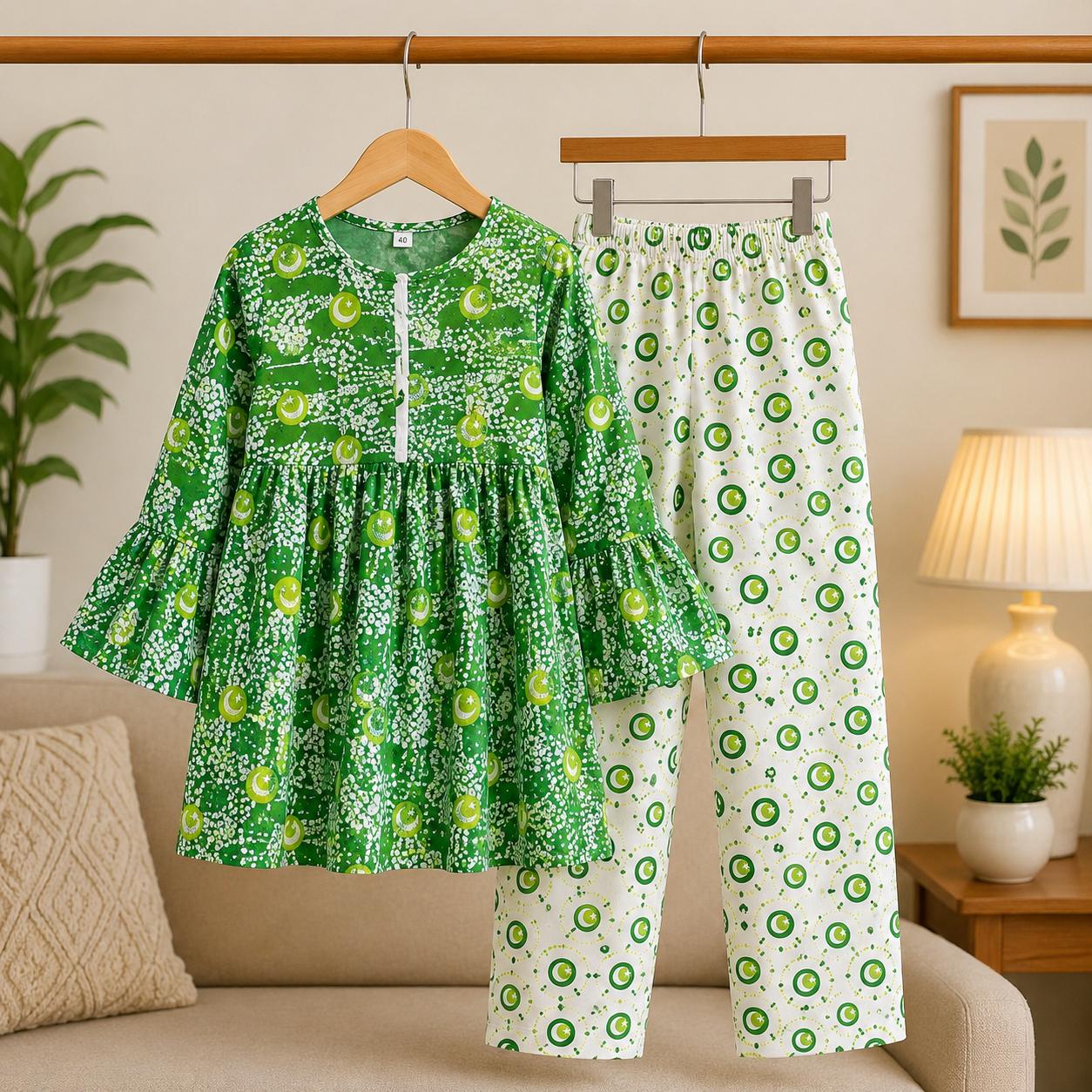 Pakistan Independence Collection – Premium Girls Green Printed Kurta Trouser Set | Soft Cotton | 2-Piece Eastern Wear