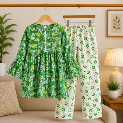 Pakistan Independence Collection – Premium Girls Green Printed Kurta Trouser Set | Soft Cotton | 2-Piece Eastern Wear