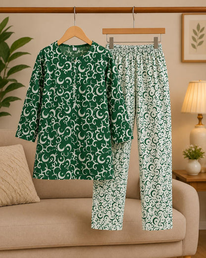 Pakistan Independence Collection – Premium Girls Green Printed Kurta Trouser Set | Soft Cotton | 2-Piece Eastern Wear