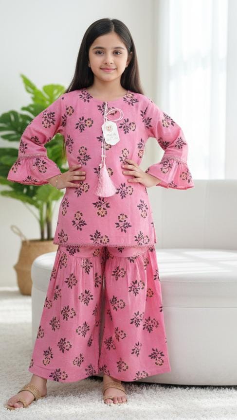 Girls Sky Blue Khaddar Dress with Tassels and Printed Trouser | SH Kids Sphere