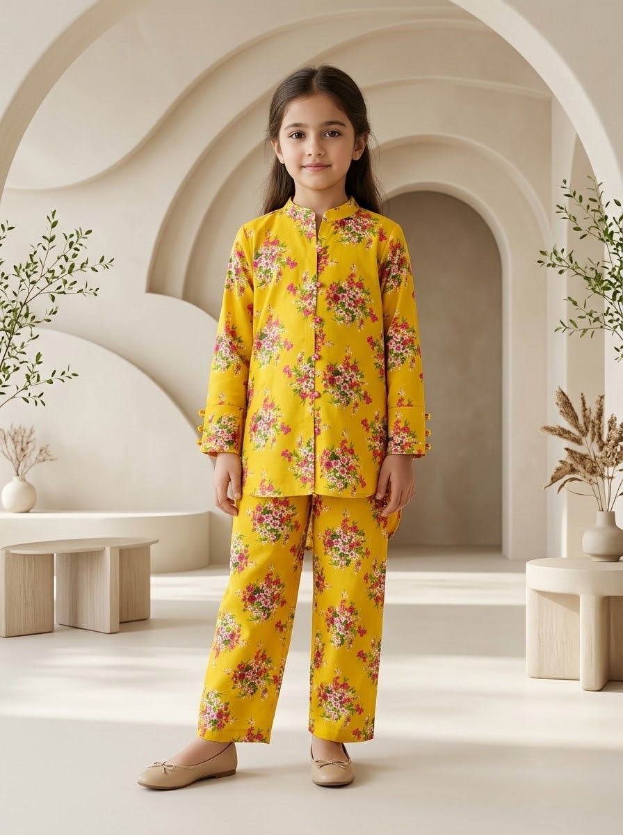 Girls’ Printed Khaddar 2-Piece Suit with Long Back Tail | Stylish Floral Shirt & Trouser Set