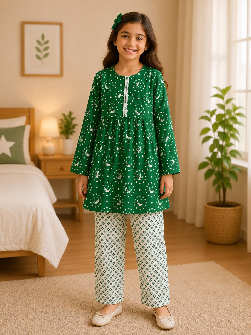 Pakistan Independence Collection – Premium Girls Green Printed Kurta Trouser Set | Soft Cotton | 2-Piece Eastern Wear