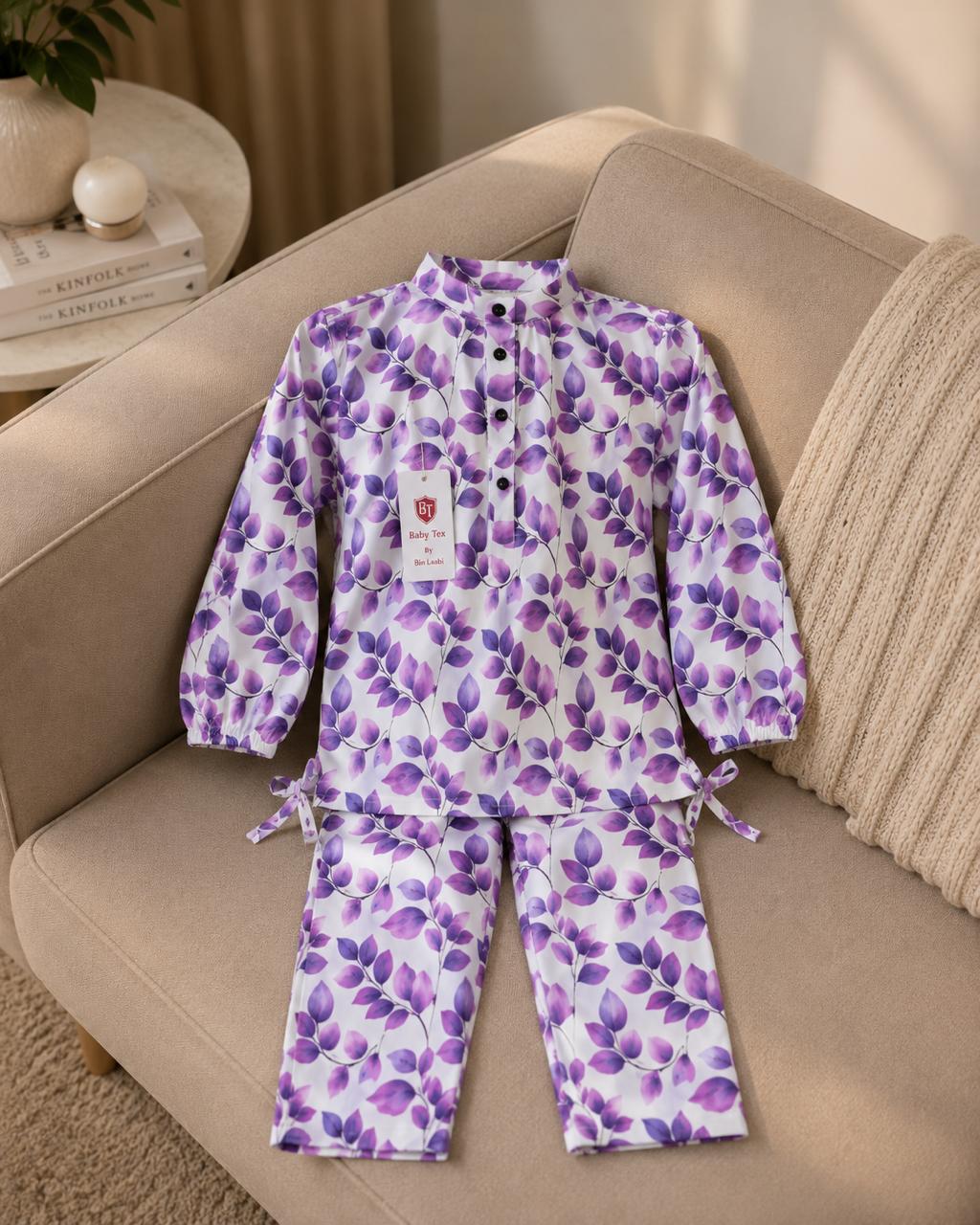 Girls Premium Lavender Floral Printed 2-Piece Co-Ord Set | Soft Cotton Kids Outfit