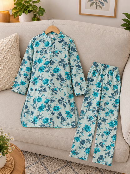 Girls’ Printed Khaddar 2-Piece Suit with Long Back Tail | Stylish Floral Shirt & Trouser Set