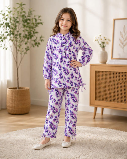 Girls Premium Lavender Floral Printed 2-Piece Co-Ord Set | Soft Cotton Kids Outfit