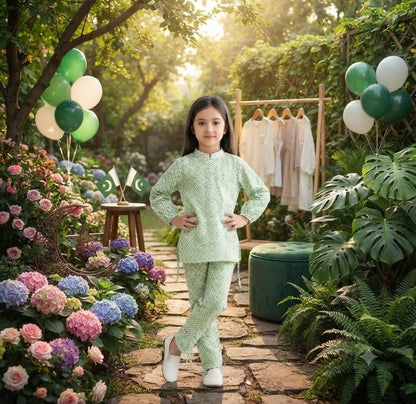 SH Kids Sphere 14th August Green Heart Print Kids Festive Outfit - SH Kids Sphere
