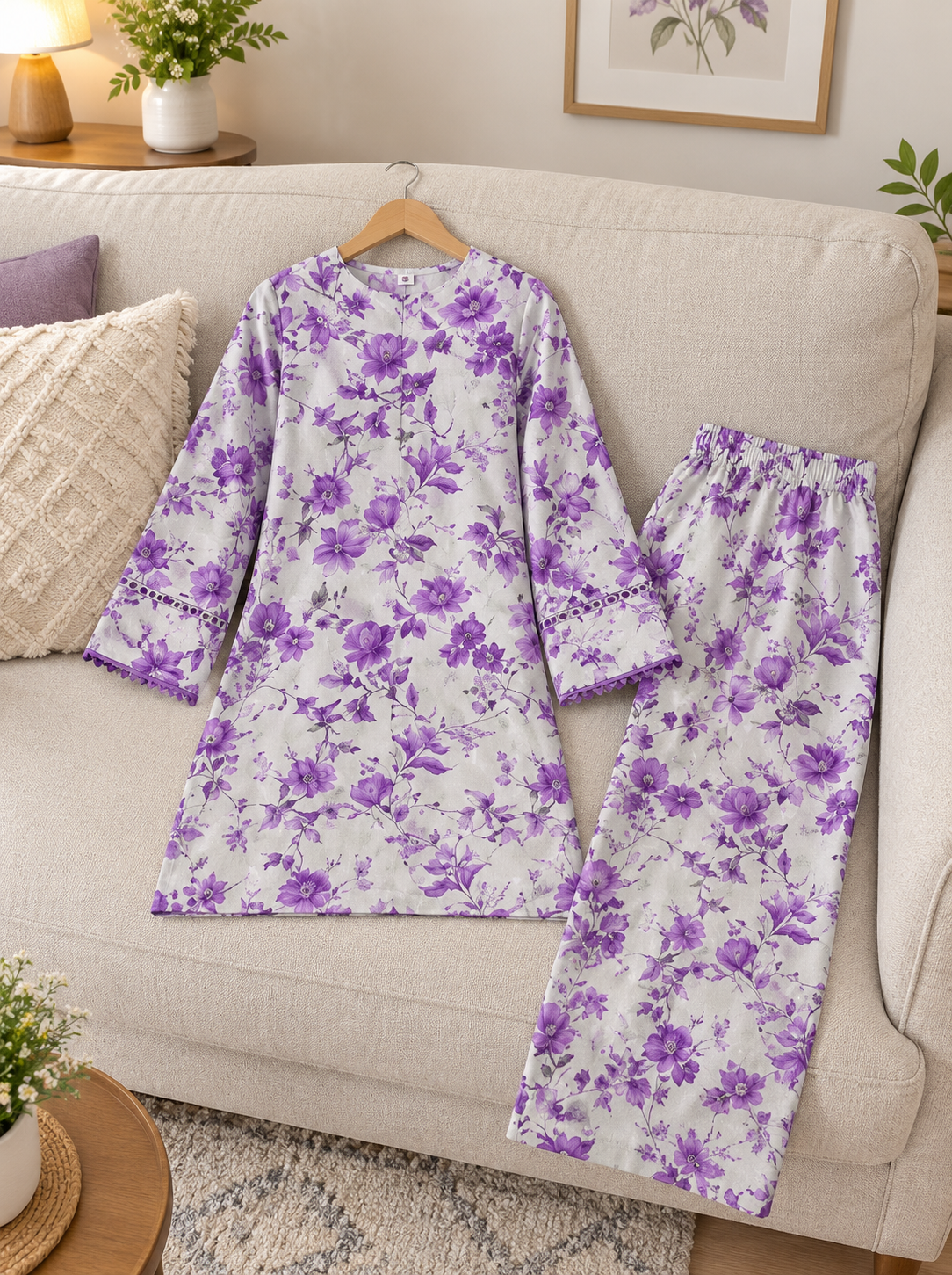 Girls’ Printed Khaddar 2-Piece Suit with Long Back Tail | Stylish Floral Shirt & Trouser Set
