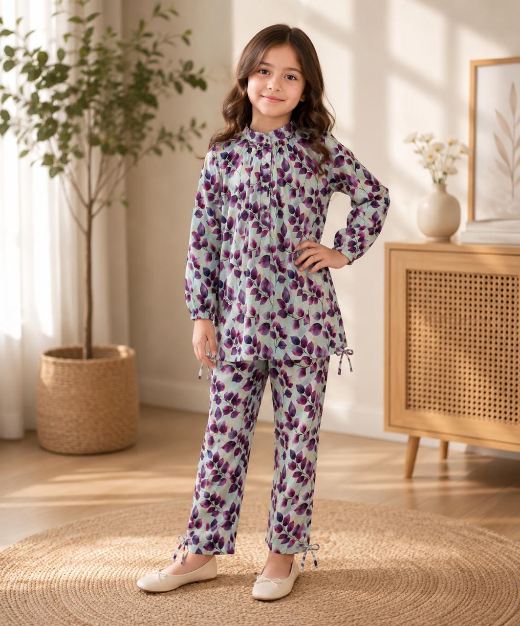 Girls Premium Lavender Floral Printed 2-Piece Co-Ord Set | Soft Cotton Kids Outfit