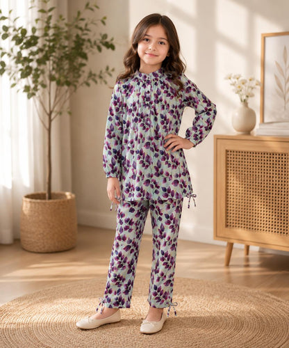 Girls Premium Lavender Floral Printed 2-Piece Co-Ord Set | Soft Cotton Kids Outfit