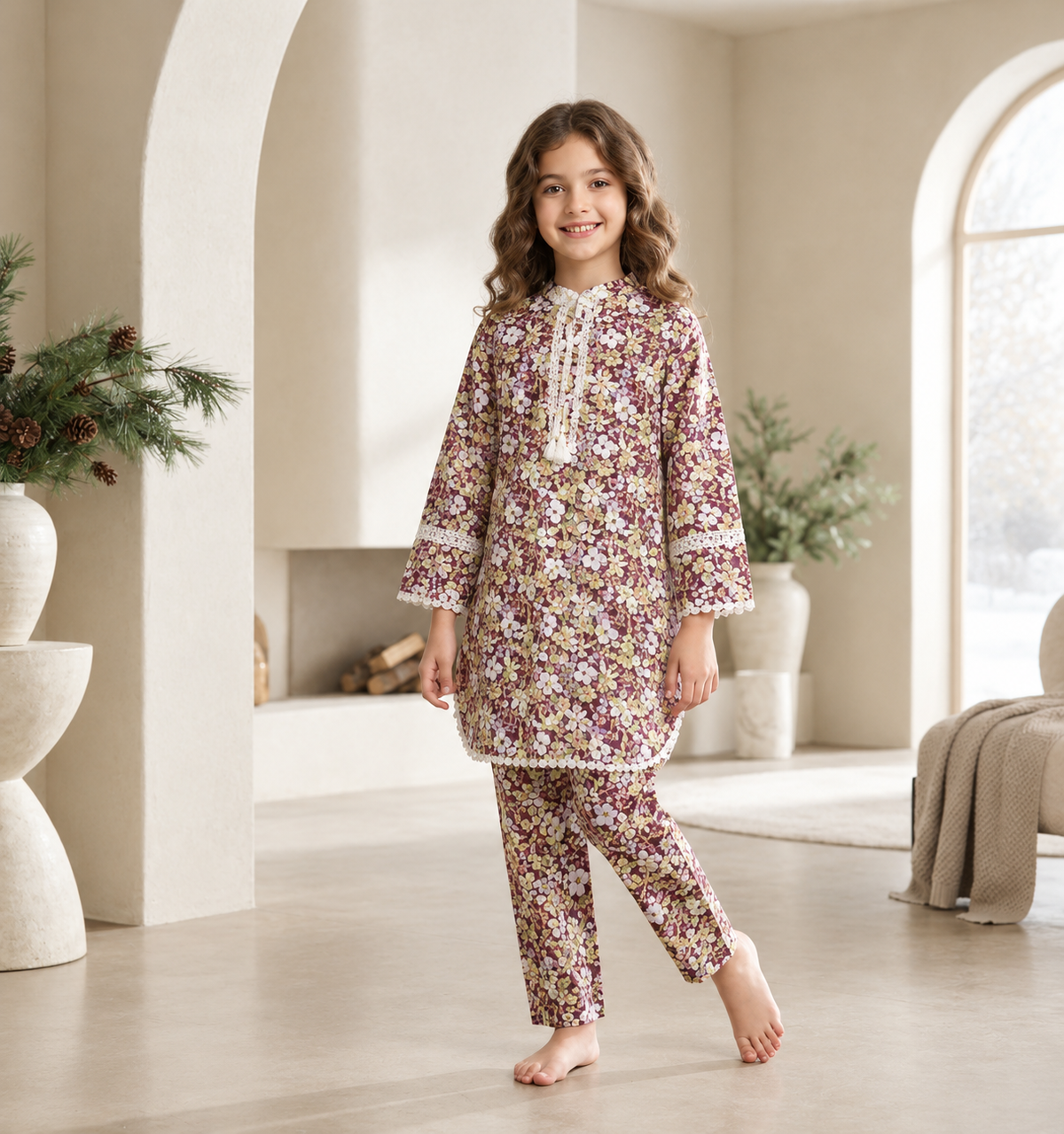 Girls’ 2-Piece Floral Printed Suit in Imported Cotari Fabric | Stylish Shirt & Trouser Set