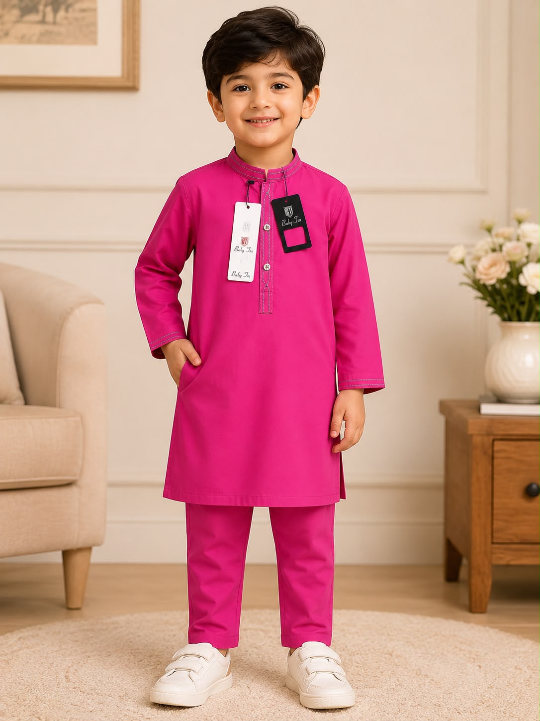 Premium Kids Cotton Kurta Pajama Set – Fuchsia Pink, Pistachio Green & Baby Pink | Soft Traditional Wear for Boys