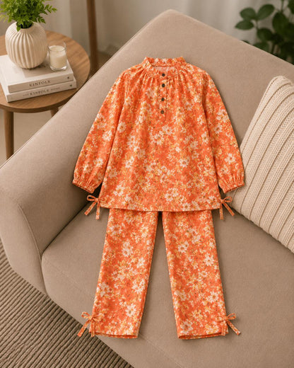 Girls Premium Lavender Floral Printed 2-Piece Co-Ord Set | Soft Cotton Kids Outfit