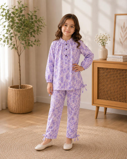 Girls Premium Lavender Floral Printed 2-Piece Co-Ord Set | Soft Cotton Kids Outfit