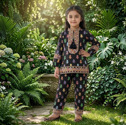 Stunning Multicolor Geometric Print Kurta & Shalwar Set for Girls - Festive & Casual Wear