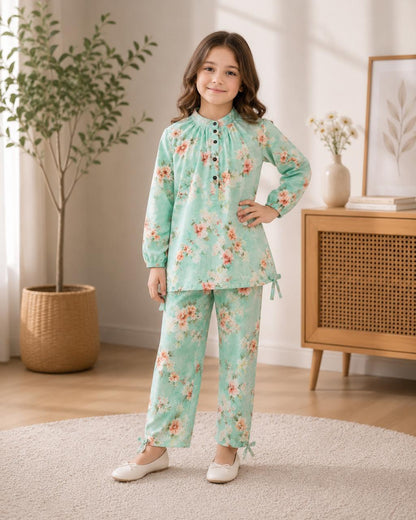 Girls Premium Lavender Floral Printed 2-Piece Co-Ord Set | Soft Cotton Kids Outfit