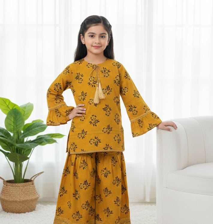 Girls Sky Blue Khaddar Dress with Tassels and Printed Trouser | SH Kids Sphere