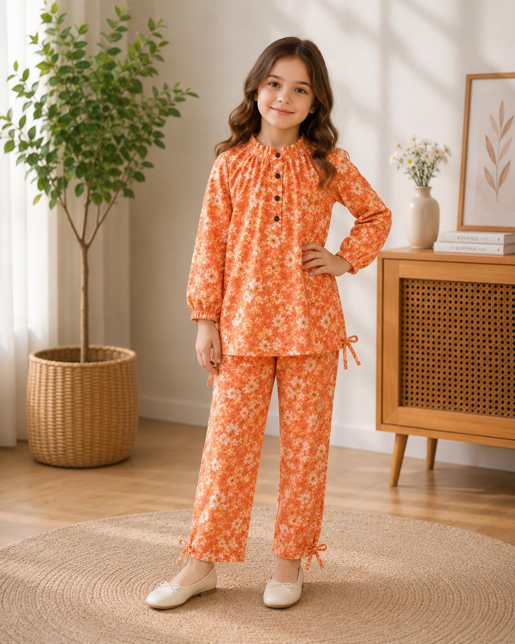 Girls Premium Lavender Floral Printed 2-Piece Co-Ord Set | Soft Cotton Kids Outfit