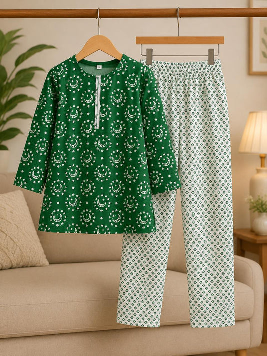 Pakistan Independence Collection – Premium Girls Green Printed Kurta Trouser Set | Soft Cotton | 2-Piece Eastern Wear