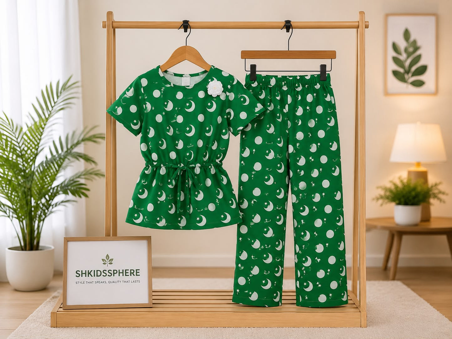 SH Kids Sphere Independence Day Special Green Crescent & Moon Kids Suit - SH Kids Sphere
