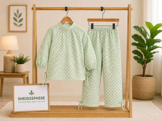 SH Kids Sphere 14th August Green Heart Print Kids Festive Outfit - SH Kids Sphere