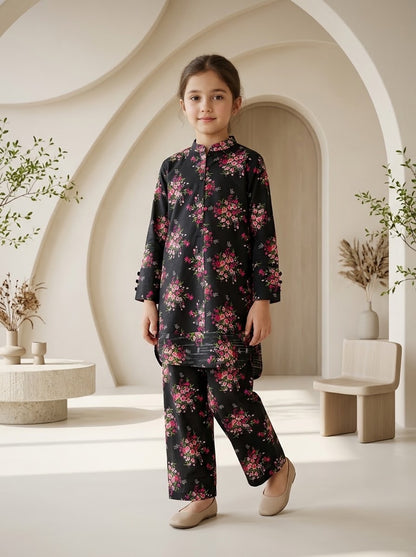 Girls’ Printed Khaddar 2-Piece Suit with Long Back Tail | Stylish Floral Shirt & Trouser Set
