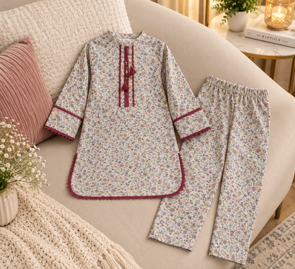 Girls’ 2-Piece Floral Printed Suit in Imported Cotari Fabric | Stylish Shirt & Trouser Set
