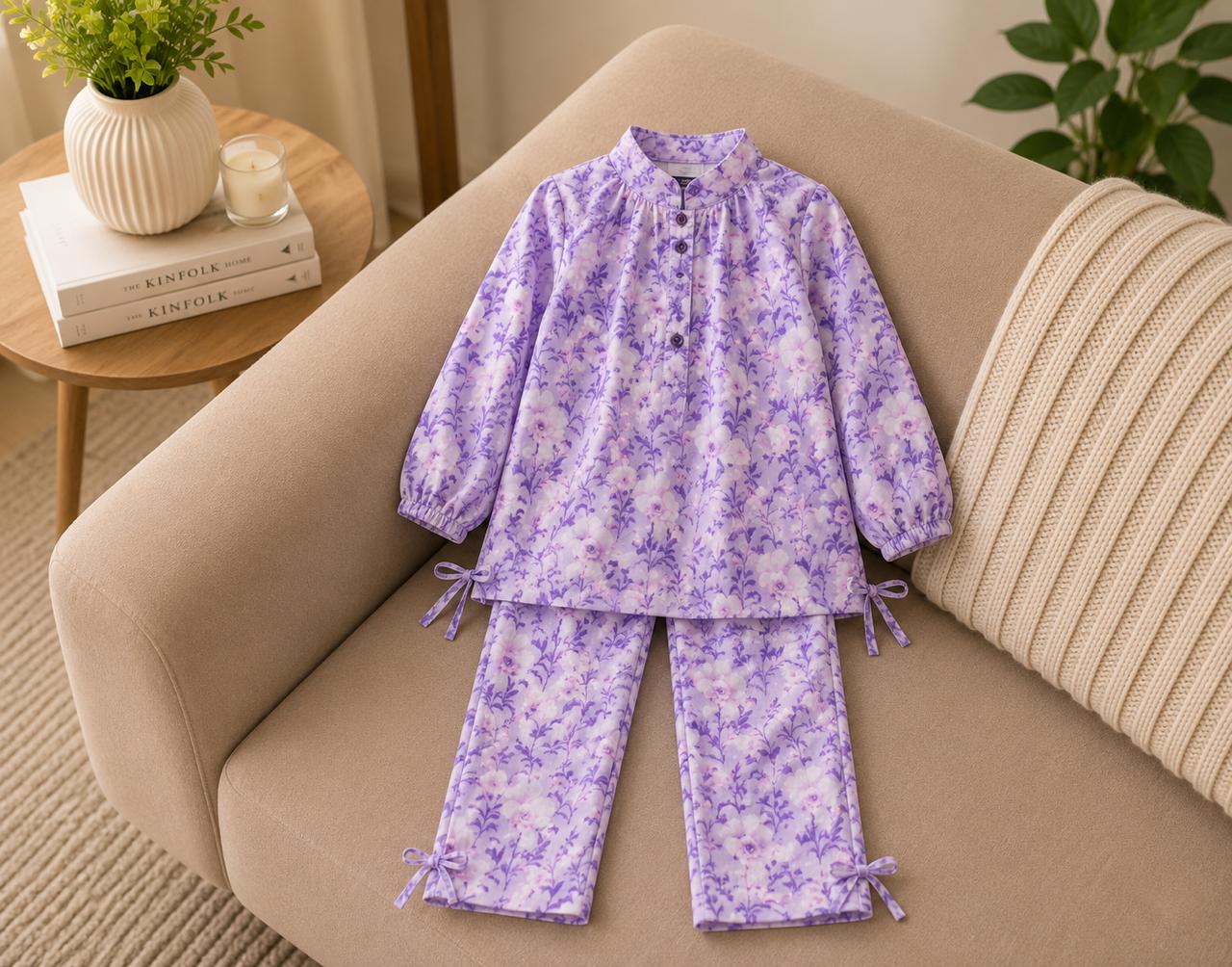 Girls Premium Lavender Floral Printed 2-Piece Co-Ord Set | Soft Cotton Kids Outfit