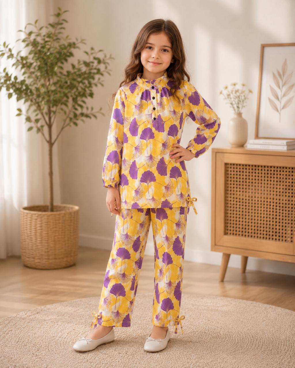 Girls Premium Lavender Floral Printed 2-Piece Co-Ord Set | Soft Cotton Kids Outfit