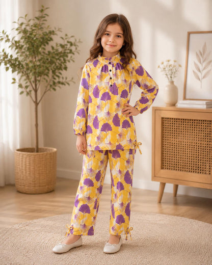 Girls Premium Lavender Floral Printed 2-Piece Co-Ord Set | Soft Cotton Kids Outfit