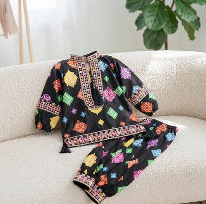 Stunning Multicolor Geometric Print Kurta & Shalwar Set for Girls - Festive & Casual Wear