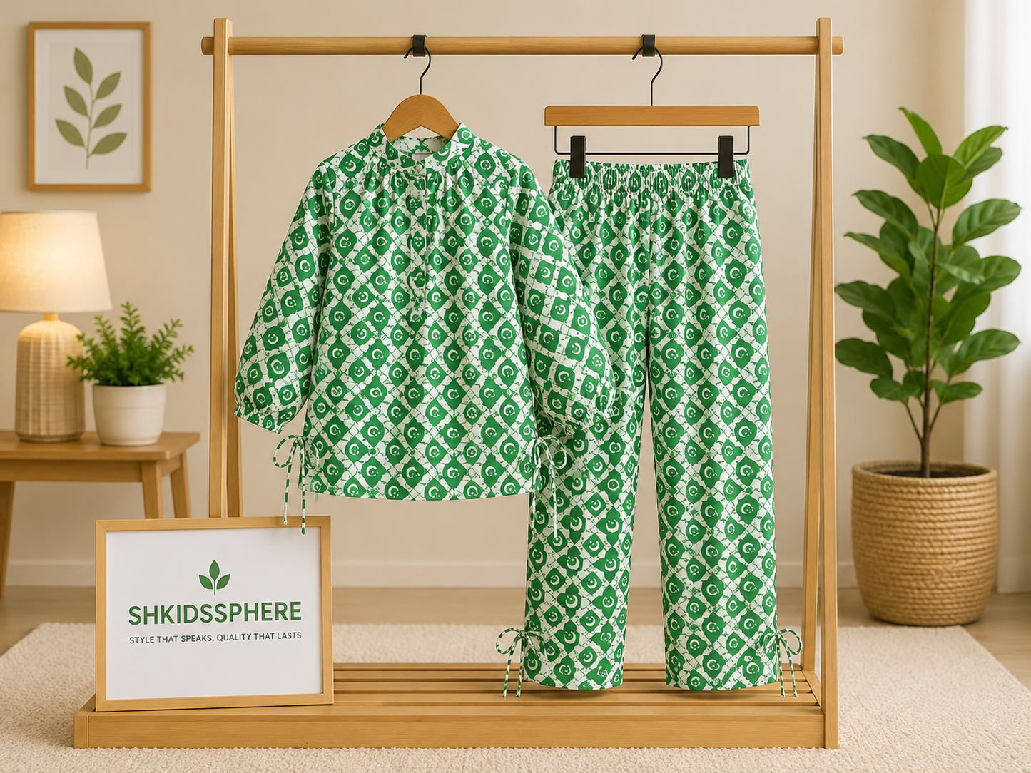 SH Kids Sphere Independence Day Green Checkered Crescent Kids Wear Set - SH Kids Sphere