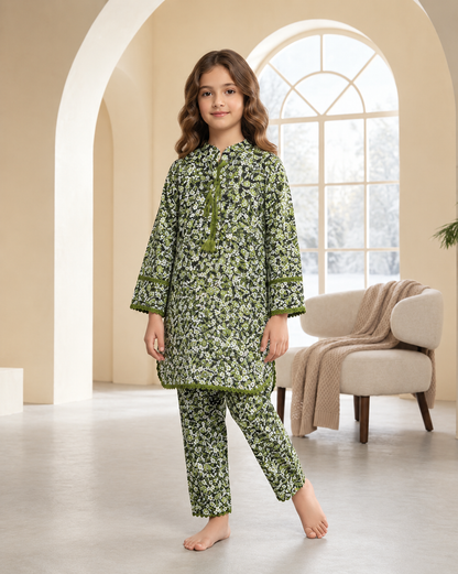 Girls’ 2-Piece Floral Printed Suit in Imported Cotari Fabric | Stylish Shirt & Trouser Set
