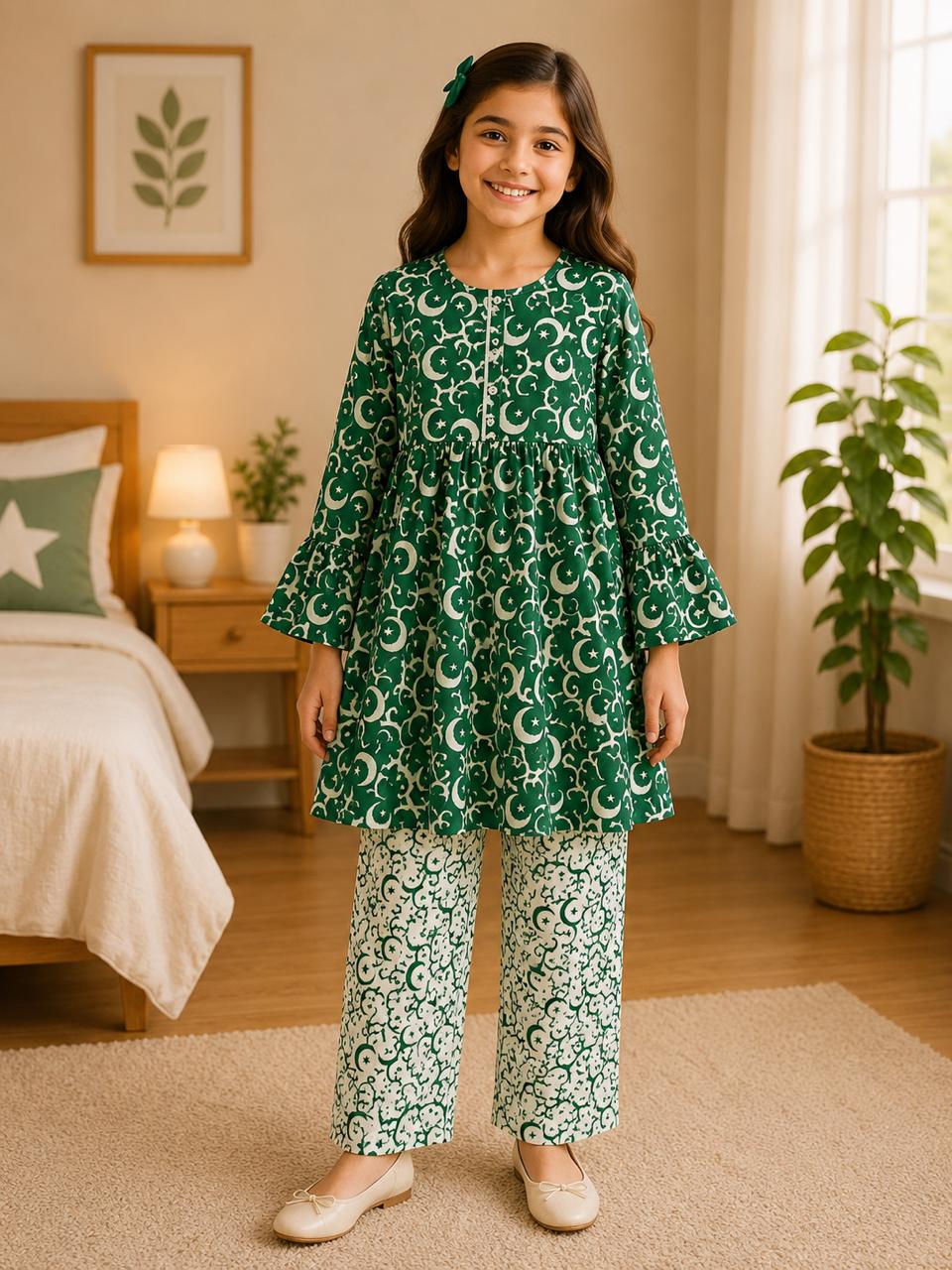 Pakistan Independence Collection – Premium Girls Green Printed Kurta Trouser Set | Soft Cotton | 2-Piece Eastern Wear