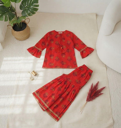 Girls Sky Blue Khaddar Dress with Tassels and Printed Trouser | SH Kids Sphere