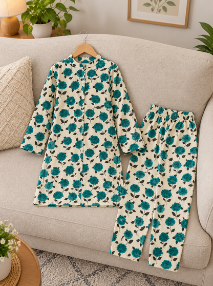 Girls’ Printed Khaddar 2-Piece Suit with Long Back Tail | Stylish Floral Shirt & Trouser Set