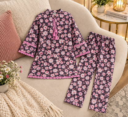 Girls’ 2-Piece Floral Printed Suit in Imported Cotari Fabric | Stylish Shirt & Trouser Set