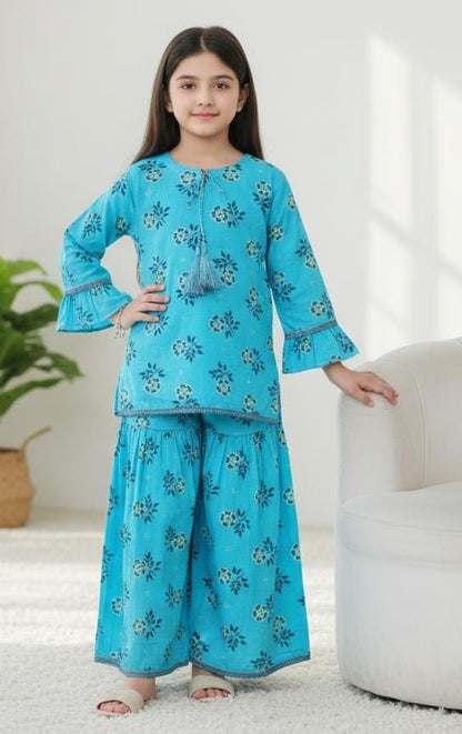 Girls Sky Blue Khaddar Dress with Tassels and Printed Trouser | SH Kids Sphere