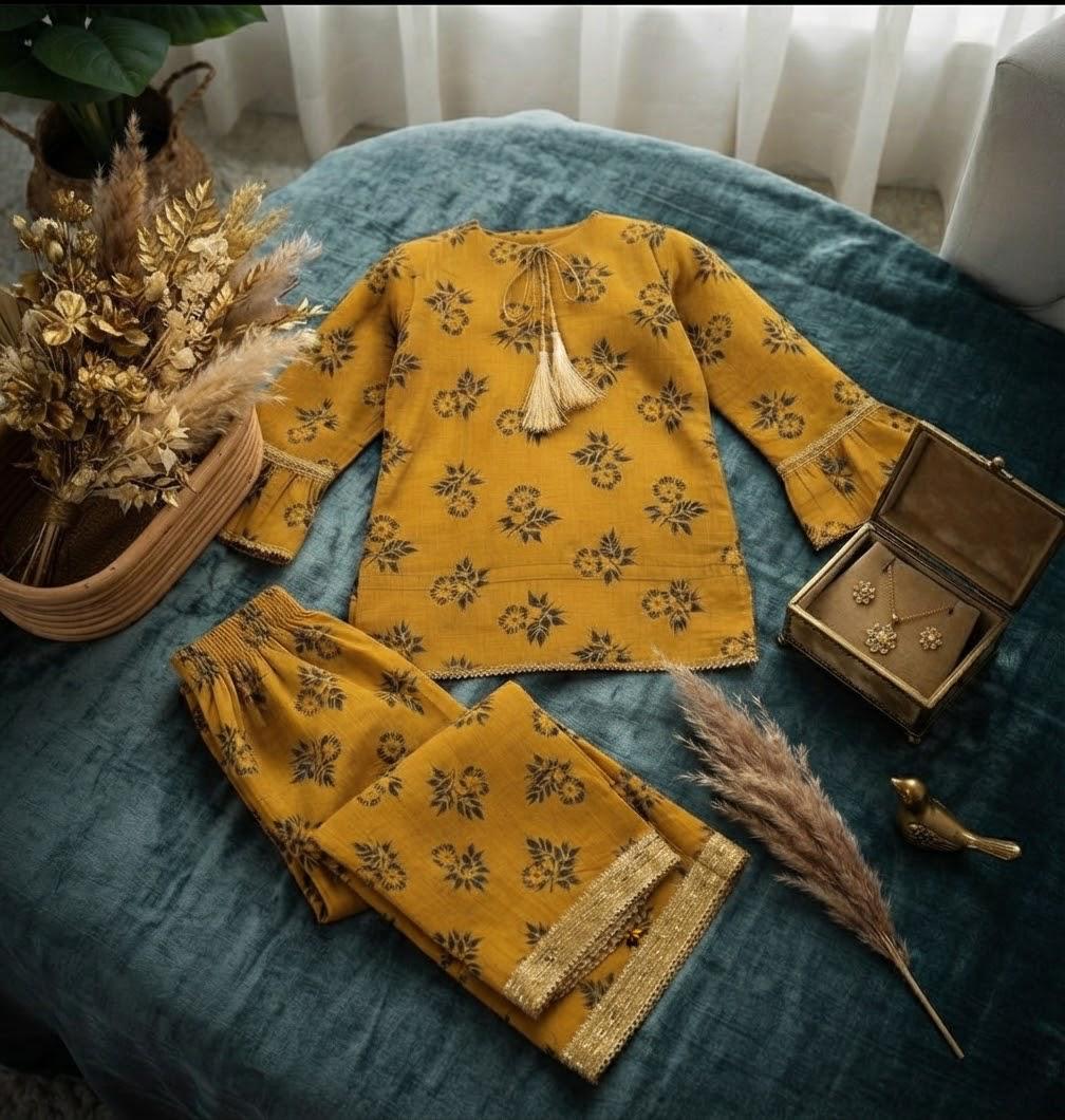 Girls Sky Blue Khaddar Dress with Tassels and Printed Trouser | SH Kids Sphere