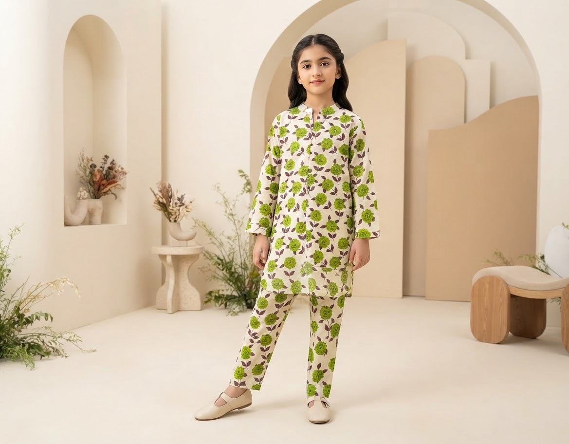 Girls’ Printed Khaddar 2-Piece Suit with Long Back Tail | Stylish Floral Shirt & Trouser Set