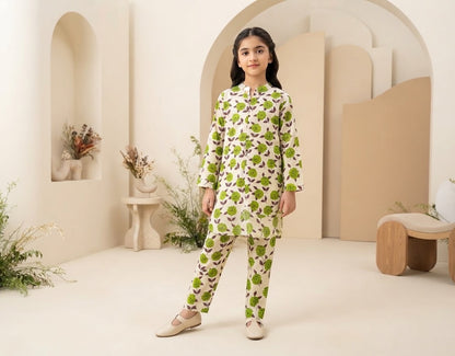 Girls’ Printed Khaddar 2-Piece Suit with Long Back Tail | Stylish Floral Shirt & Trouser Set