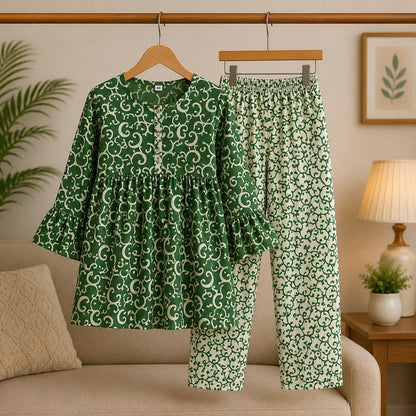 Pakistan Independence Collection – Premium Girls Green Printed Kurta Trouser Set | Soft Cotton | 2-Piece Eastern Wear